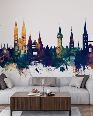 Lubeck Germany Skyline Blue & Bronze Wallpaper