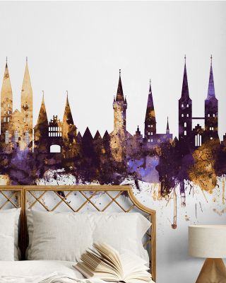 Lubeck Germany Skyline Purple & Gold Wallpaper