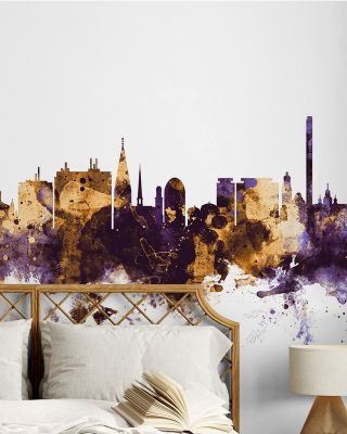 Malmö Sweden Skyline Purple & Gold Wallpaper