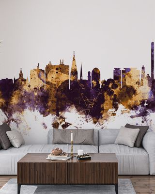 Malmö Sweden Skyline Purple & Gold Wallpaper