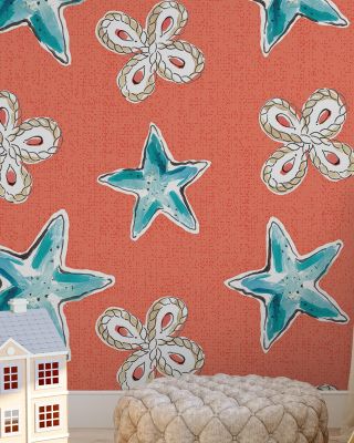 Maritime Stars Blue on Red Wallpaper