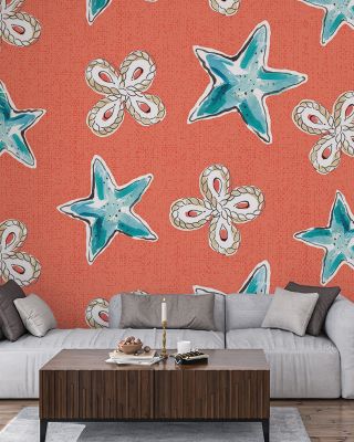 Maritime Stars Blue on Red Wallpaper