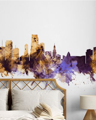 Miami Florida Skyline Purple & Gold Wallpaper