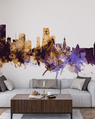 Miami Florida Skyline Purple & Gold Wallpaper