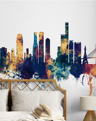 Osaka Skyline Blue & Bronze Wallpaper