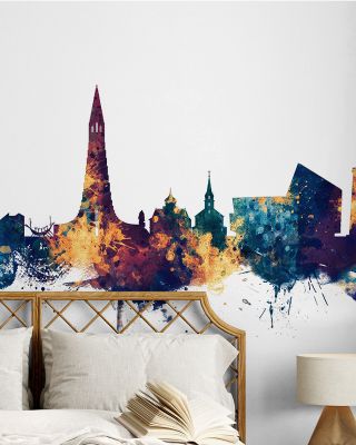 Reykjavík Skyline Blue & Bronze Wallpaper