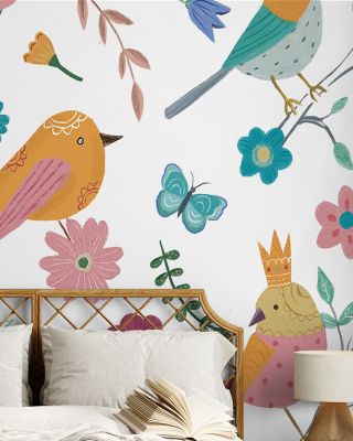 Royal Birds on White Wallpaper