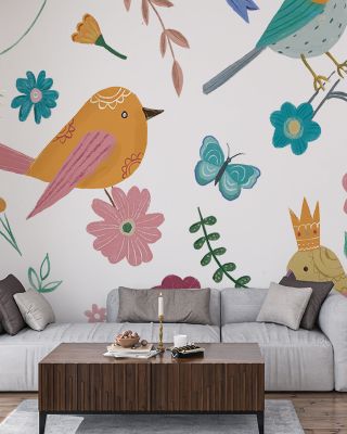Royal Birds on White Wallpaper