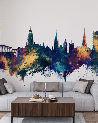 Sheffield England Skyline Blue & Bronze Wallpaper