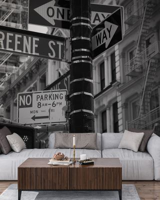 Soho Greene St Sign Manhattan, Black & White Wallpaper
