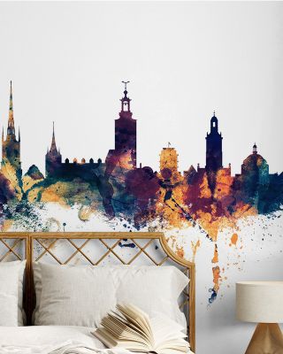 Stockholm Skyline Blue & Bronze Wallpaper