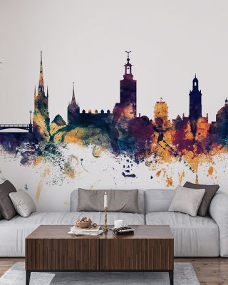 Stockholm Skyline Blue & Bronze Wallpaper