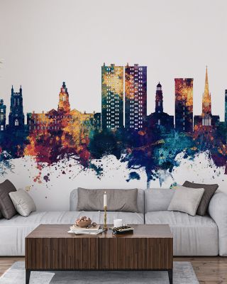 Stockport England Skyline Blue & Bronze Wallpaper
