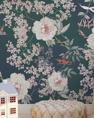 Vintage Flower Garden with Birds in Sage Green Wallpaper
