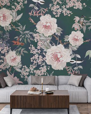 Vintage Flower Garden with Birds in Sage Green Wallpaper