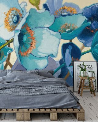 Le Pavots Bleu Elegant Floral Wallpaper