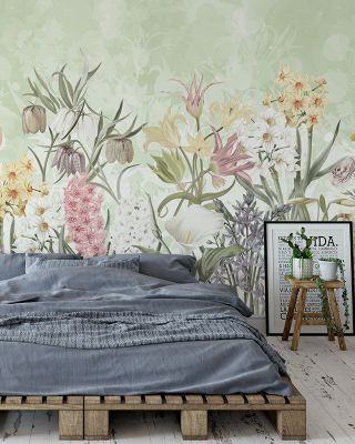 Meadow in Light Green Serene Wallpaper