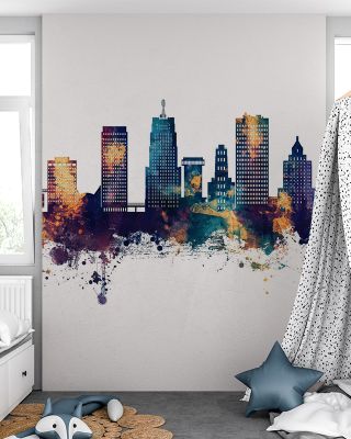 Akron Ohio Skyline Blue & Bronze Wallpaper