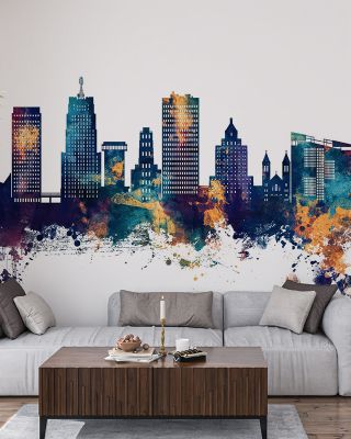 Akron Ohio Skyline Blue & Bronze Wallpaper
