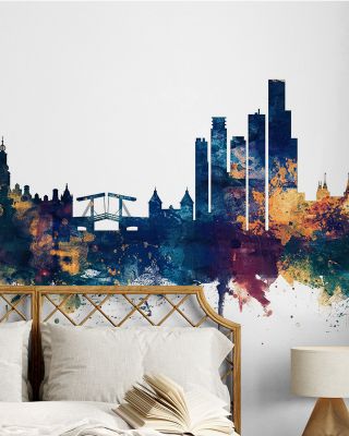 Amsterdam Skyline Blue & Bronze Wallpaper