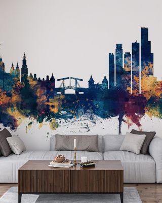 Amsterdam Skyline Blue & Bronze Wallpaper