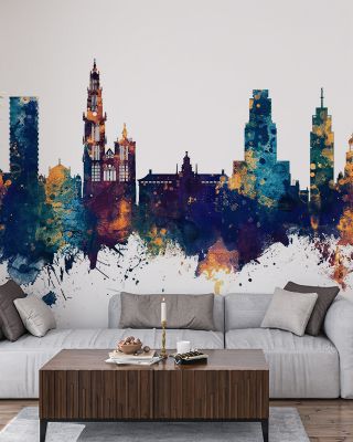 Antwerp Belgium Skyline Blue & Bronze Wallpaper