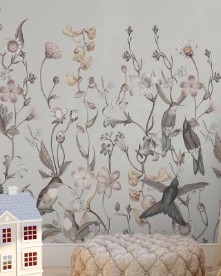 Bird Garden White Scenic Wallpaper