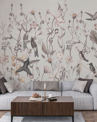 Bird Garden White Scenic Wallpaper