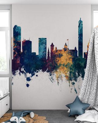 Birmingham England Skyline Blue & Bronze Wallpaper