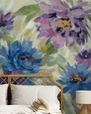 Bold Blue and Lavender Flowers Floral Wallpaper