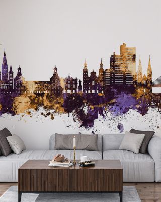 Bonn Skyline Purple & Gold Wallpaper