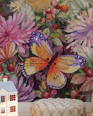 Butterfly and Dahlia Floral Wallpaper