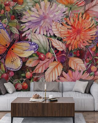 Butterfly and Dahlia Floral Wallpaper