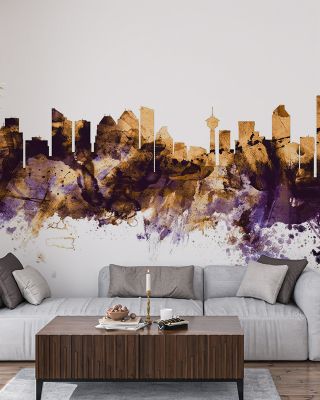 Calgary Canada Skyline Purple & Gold Wallpaper
