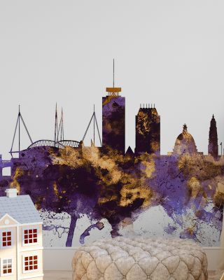 Cardiff Wales Skyline Purple & Gold Wallpaper