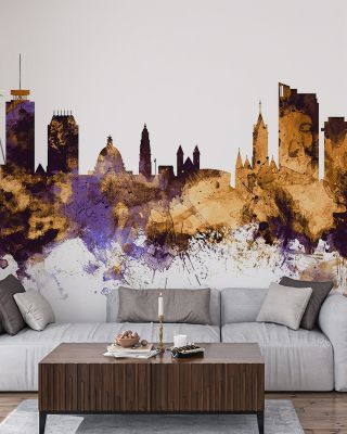 Cardiff Wales Skyline Purple & Gold Wallpaper