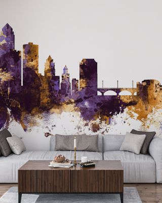 Des Moines Iowa Skyline Purple & Gold Wallpaper