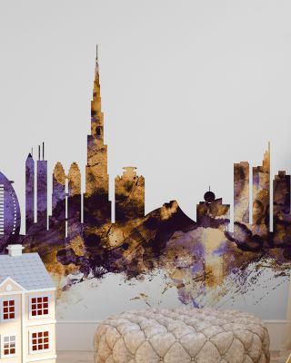 Dubai Skyline Purple & Gold Wallpaper