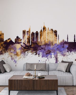 Dubai Skyline Purple & Gold Wallpaper