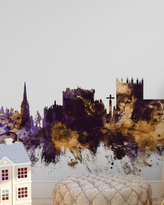 Durham England Skyline Purple & Gold Wallpaper