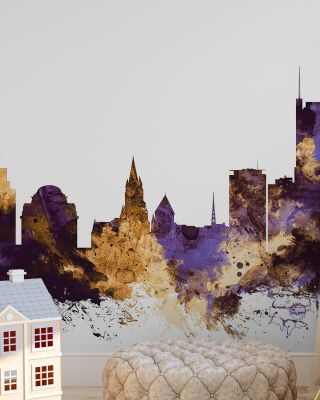 Essen Germany Skyline Purple & Gold Wallpaper