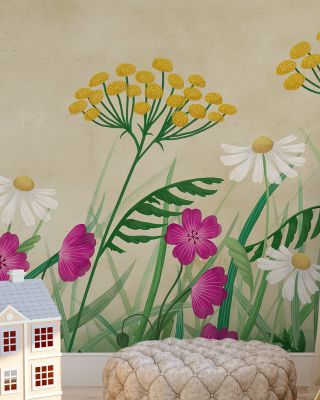 Geranium Meadow, Beige Floral Wallpaper