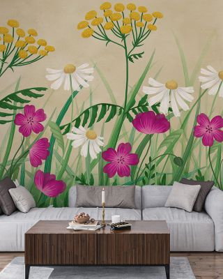 Geranium Meadow, Beige Floral Wallpaper