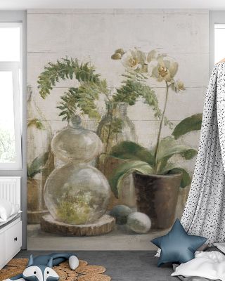 Greenhouse Orchids on Shiplap Floral Wallpaper