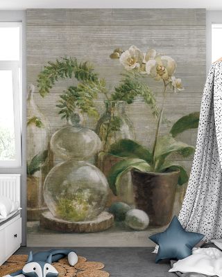 Greenhouse Orchids on Wood v2 Floral Wallpaper