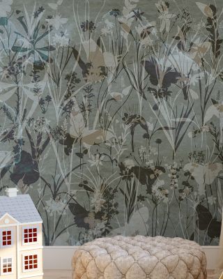 Herbals and Butterflies Double Silhouette Dark Green Floral Wallpaper