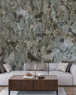 Herbals and Butterflies Double Silhouette Dark Green Floral Wallpaper