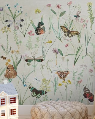 Herbals and Butterflies Green Floral Wallpaper