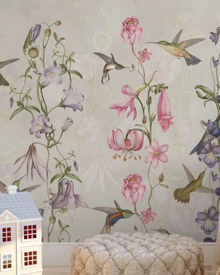Hummingbirds and Violets Floral Wallpaper