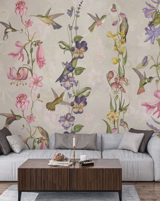Hummingbirds and Violets Floral Wallpaper